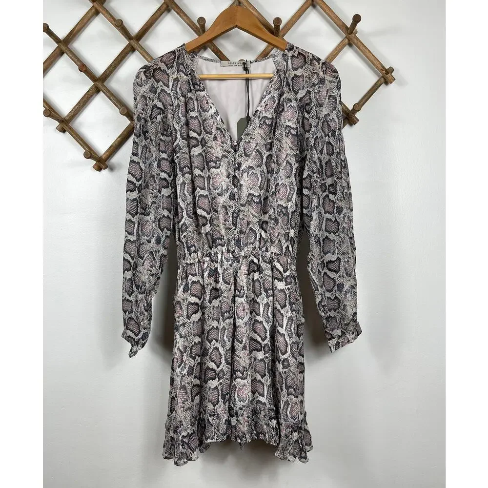 New AllSaints Kaylee Misra Snake Skin Print Playsuit In White Size 6 - Picture 3 of 8
